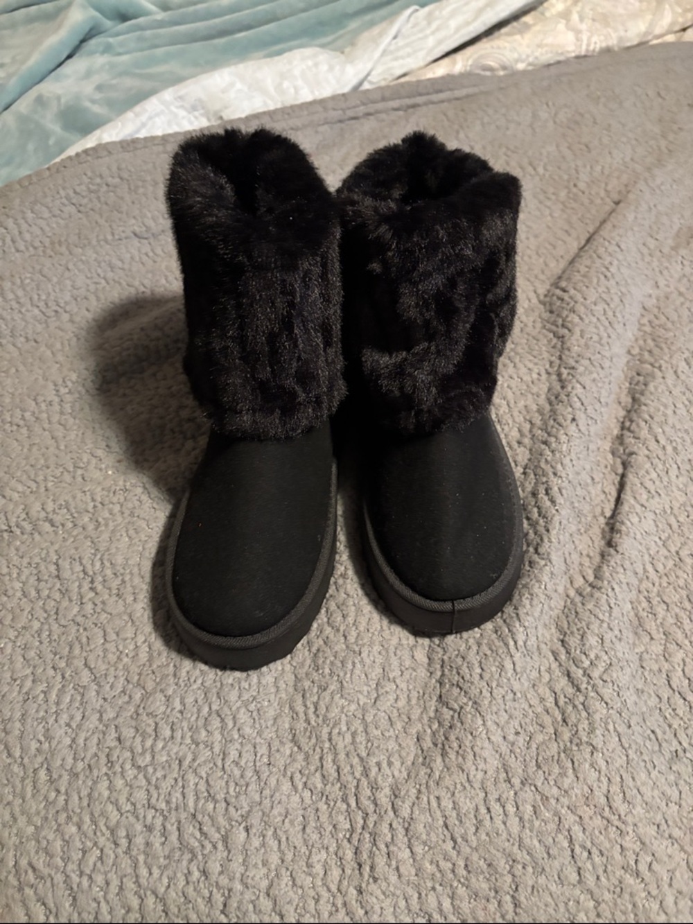 Black Faux Fur Winter Boots - Women's Cozy Slip-On